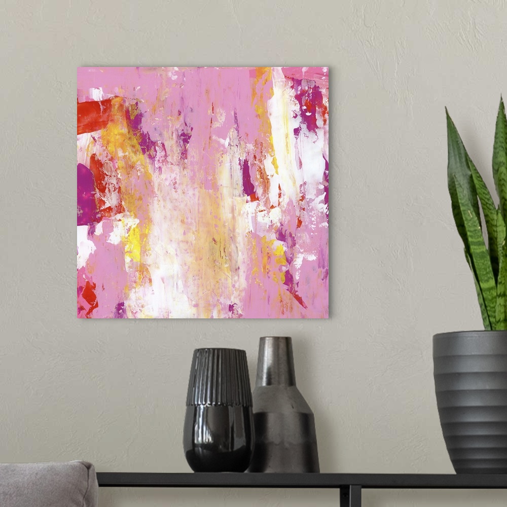 A modern room featuring A contemporary abstract painting using splashes of bright pink and purple tones against a predomi...