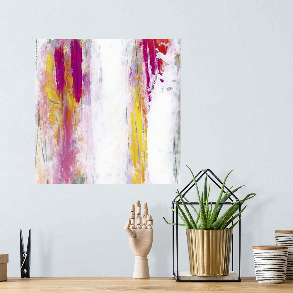 A bohemian room featuring Contemporary abstract painting using vertical fading streaks of pink, purple and yellow.