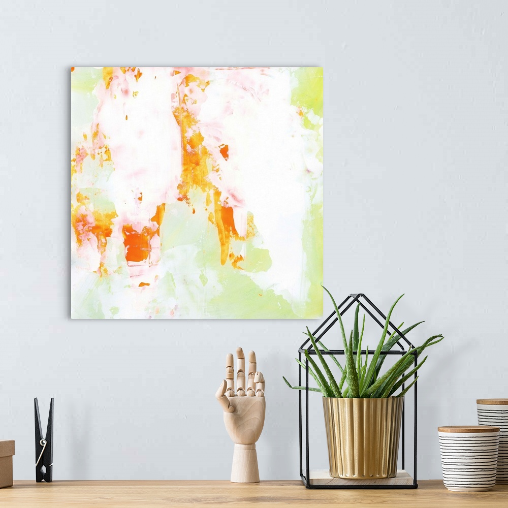 A bohemian room featuring Contemporary abstract painting using mostly neutral colors with splashes of bright orange and pal...