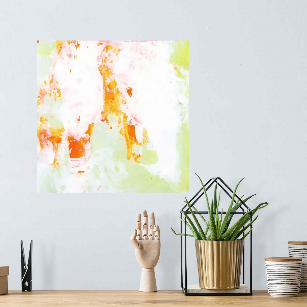 A bohemian room featuring Contemporary abstract painting using mostly neutral colors with splashes of bright orange and pal...