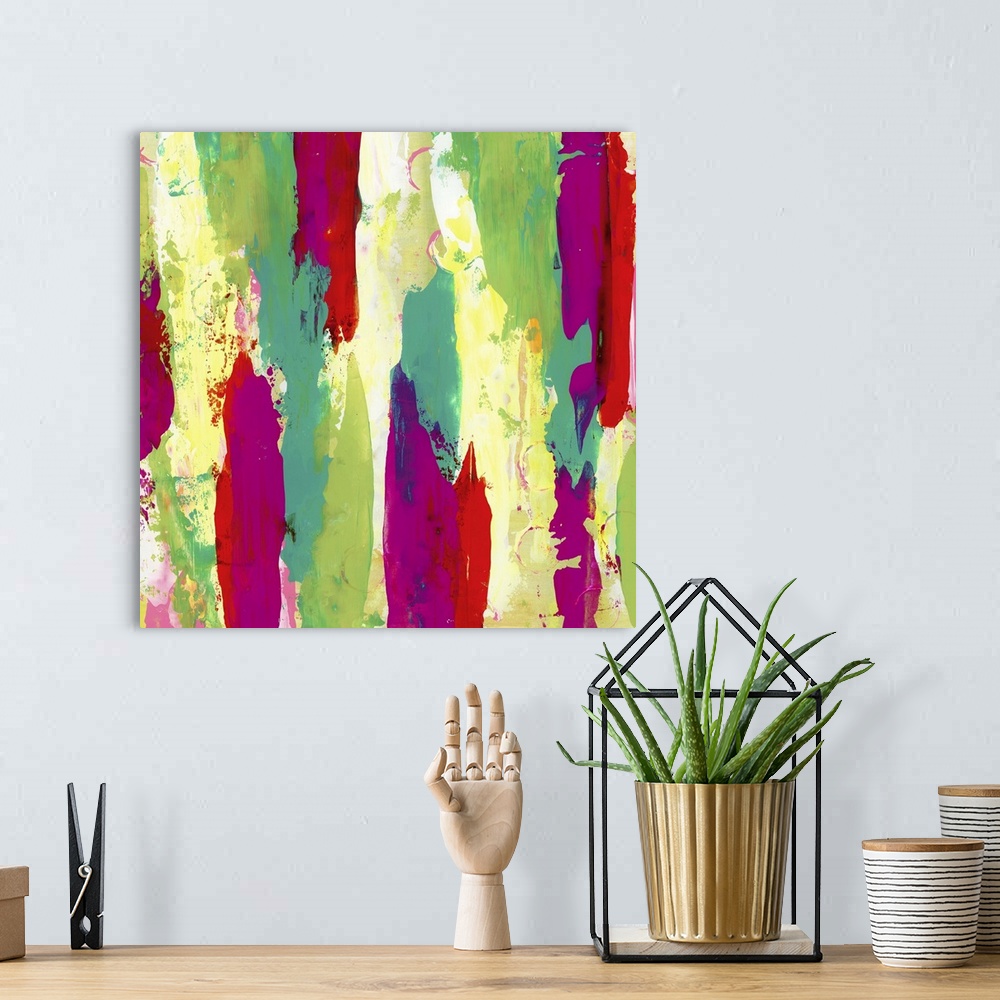 A bohemian room featuring Contemporary abstract painting using streaks of light and dark green with streaks of fuchsia.