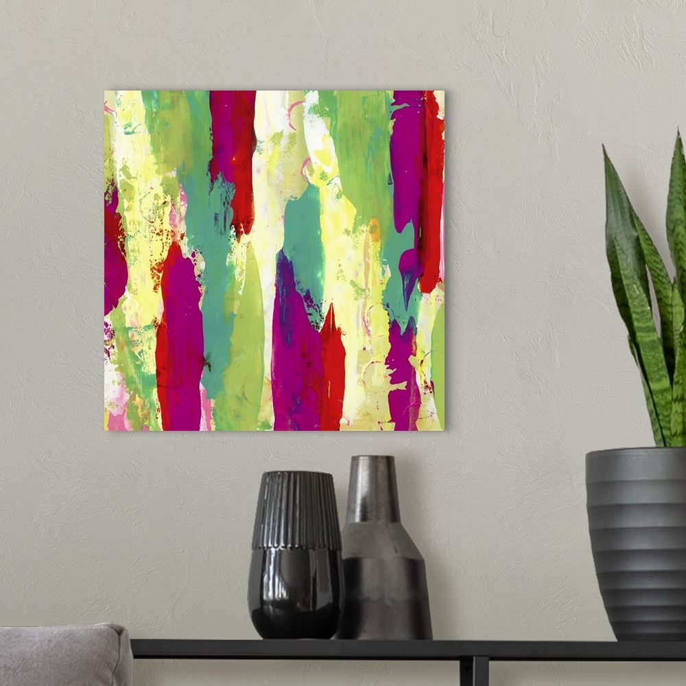 A modern room featuring Contemporary abstract painting using streaks of light and dark green with streaks of fuchsia.