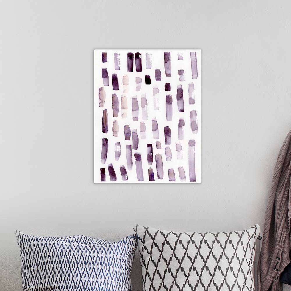 A bohemian room featuring Contemporary abstract painting of multiple vertical streaks of diluted amethyst tones.