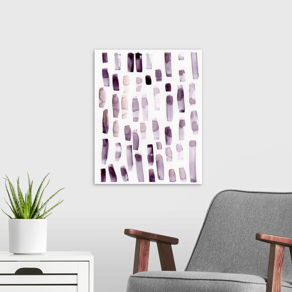 A modern room featuring Contemporary abstract painting of multiple vertical streaks of diluted amethyst tones.