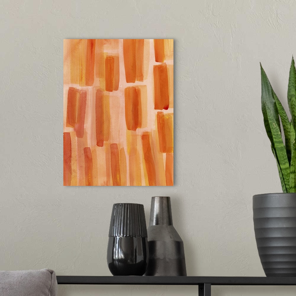 A modern room featuring Contemporary abstract painting of vertical orange strokes of paint against a lighter orange backg...