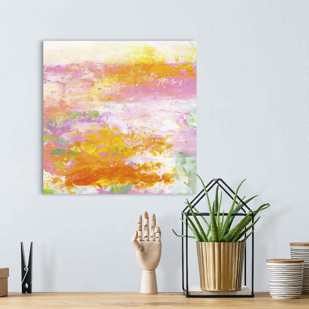 A bohemian room featuring Contemporary abstract painting using vibrant tones of orange and pink against moving in horizonta...