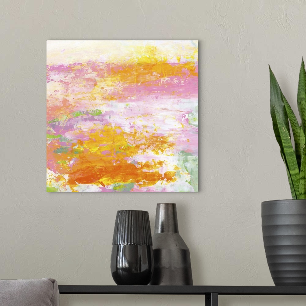 A modern room featuring Contemporary abstract painting using vibrant tones of orange and pink against moving in horizonta...