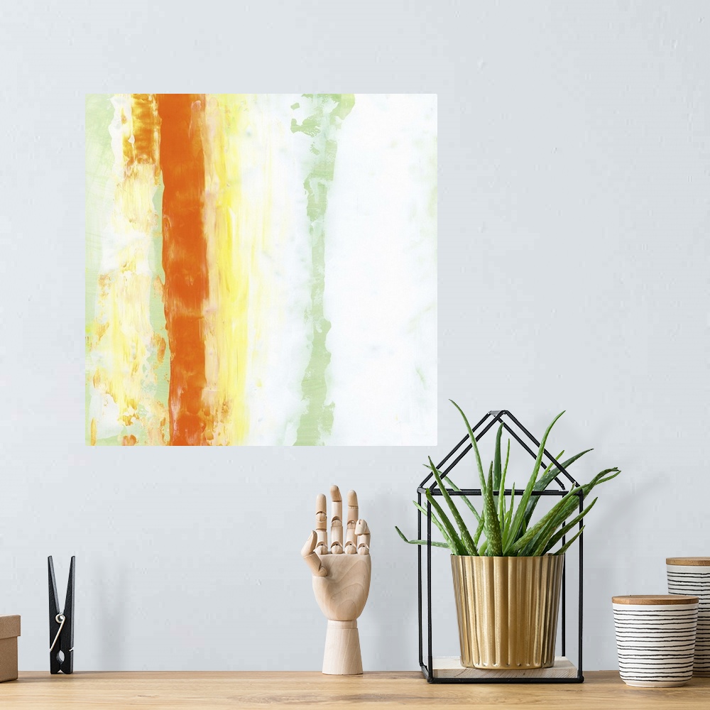 A bohemian room featuring Contemporary abstract painting using vertical strokes of vibrant orange and pale green against a ...
