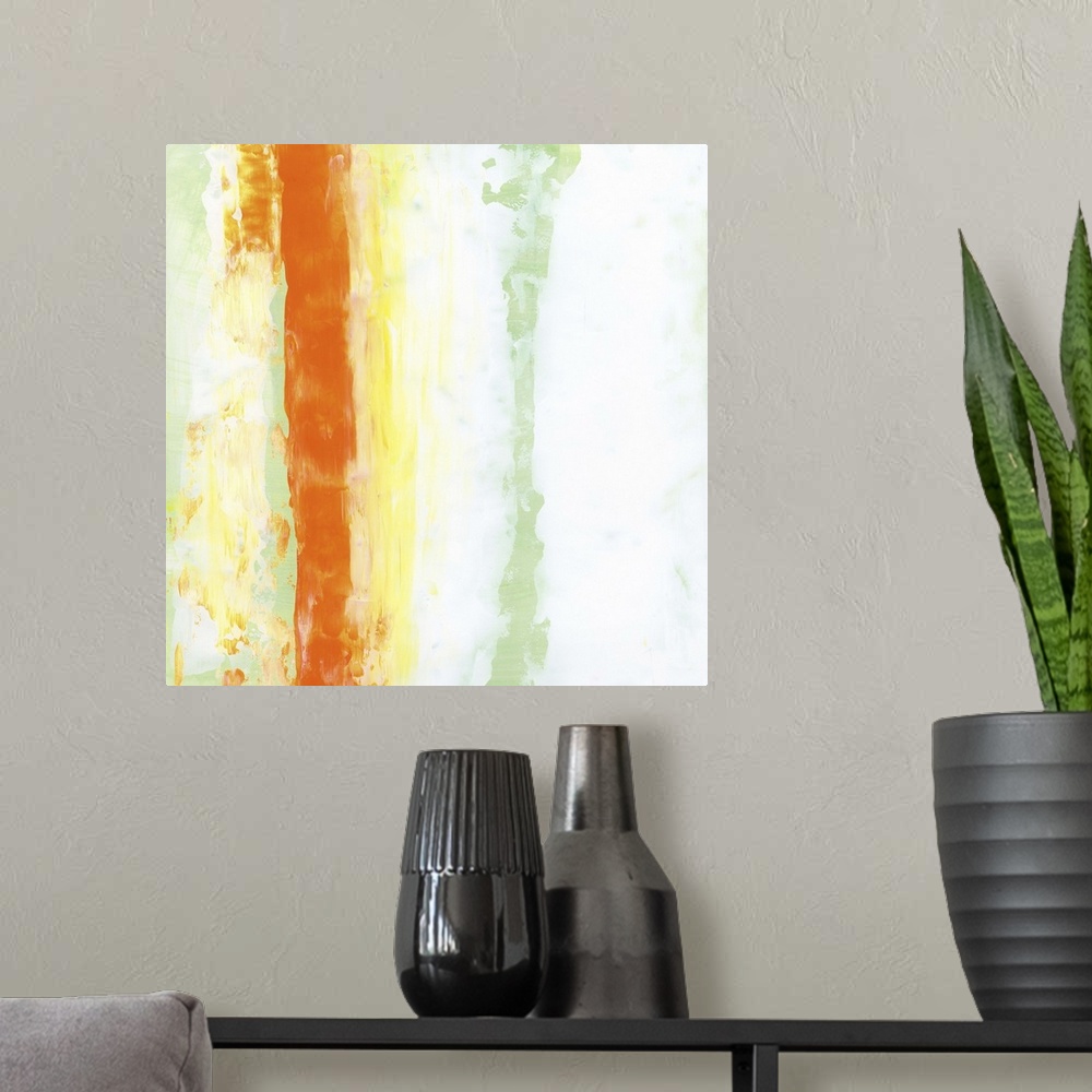 A modern room featuring Contemporary abstract painting using vertical strokes of vibrant orange and pale green against a ...