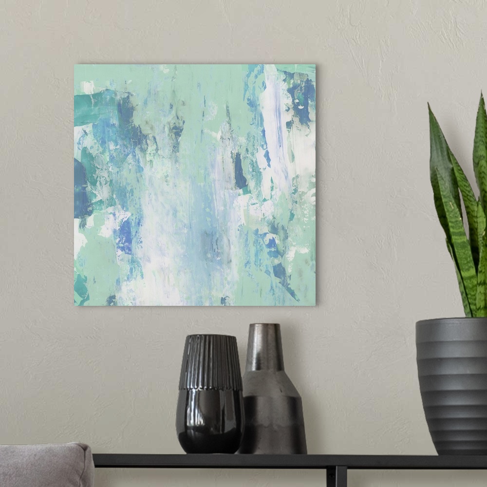 A modern room featuring Contemporary abstract painting using turquoise in light and dark tones against a neutral background.