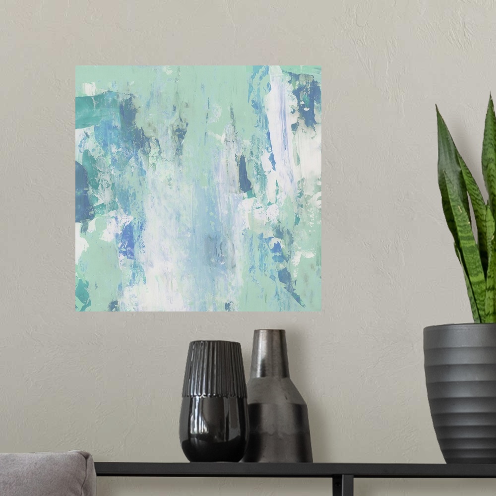 A modern room featuring Contemporary abstract painting using turquoise in light and dark tones against a neutral background.