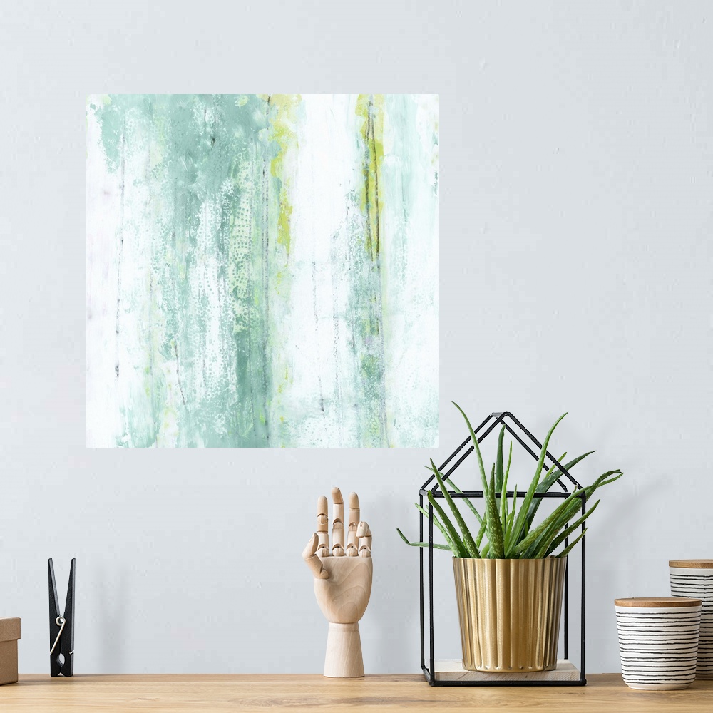 A bohemian room featuring Contemporary abstract painting using using vertical strokes of aqua green and blue against a neut...