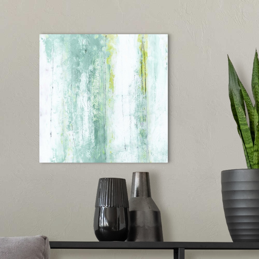 A modern room featuring Contemporary abstract painting using using vertical strokes of aqua green and blue against a neut...