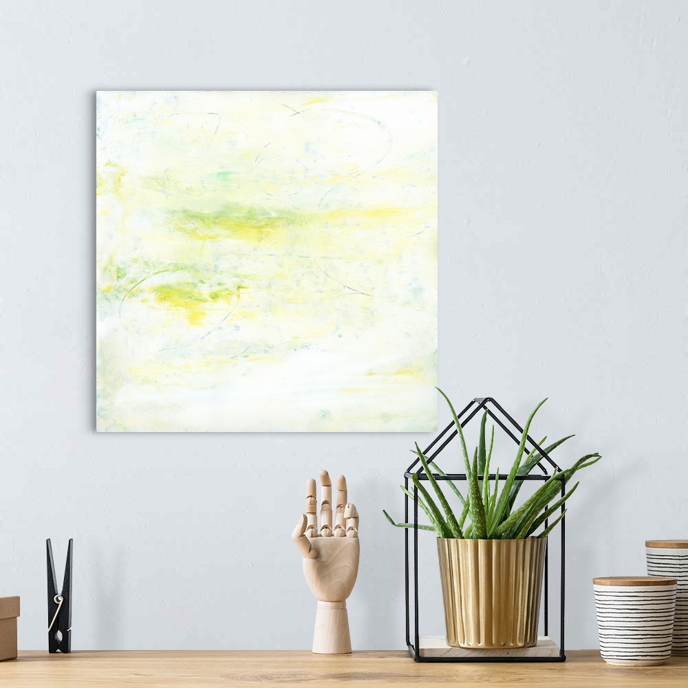 A bohemian room featuring Contemporary abstract painting using pale lime green tones.