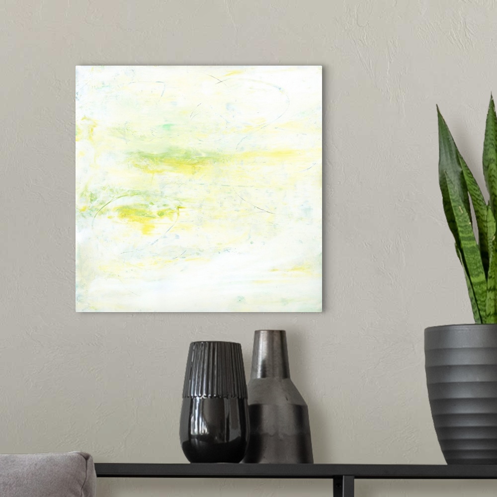 A modern room featuring Contemporary abstract painting using pale lime green tones.
