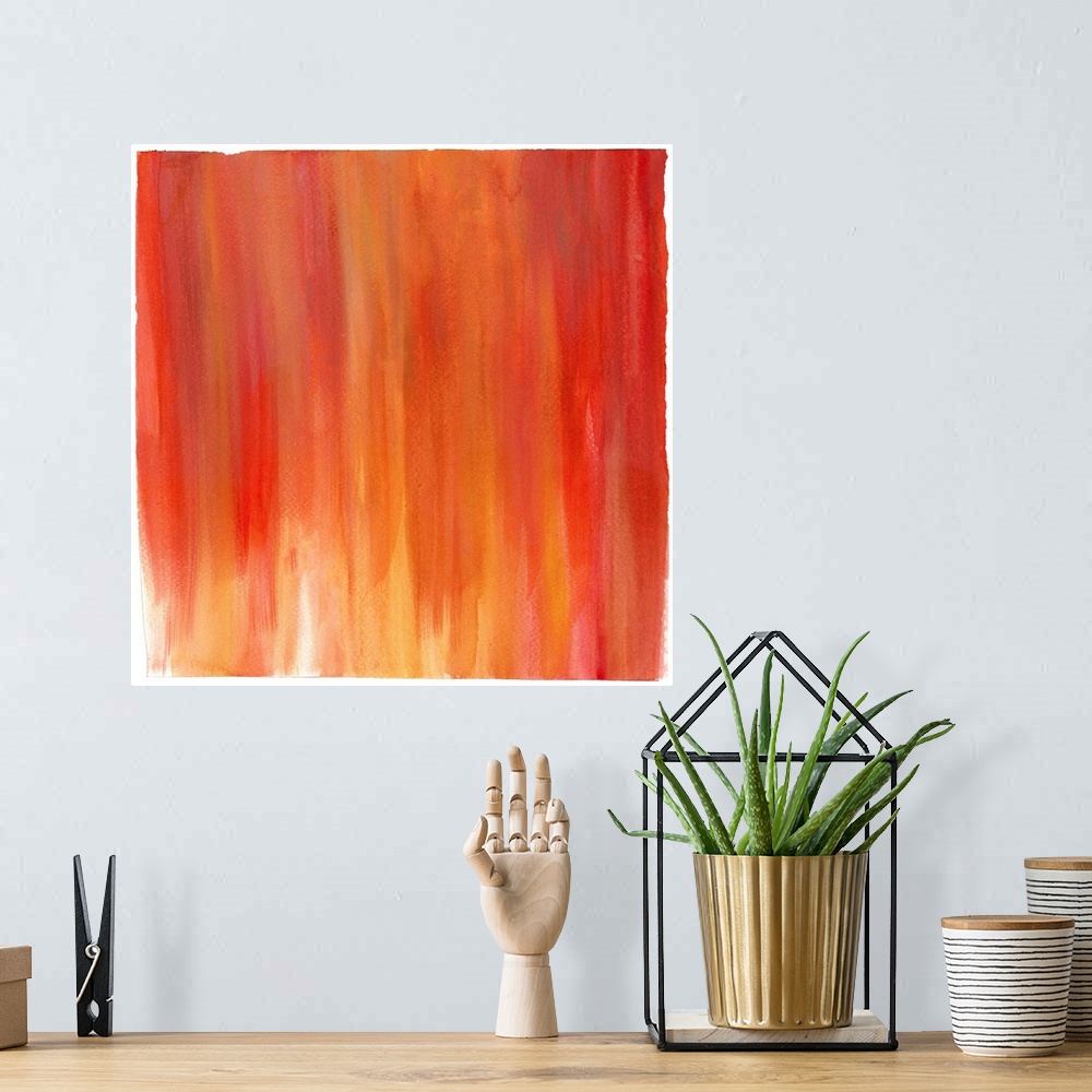 A bohemian room featuring Contemporary abstract painting using tones of orange and red streaming vertically from the top of...
