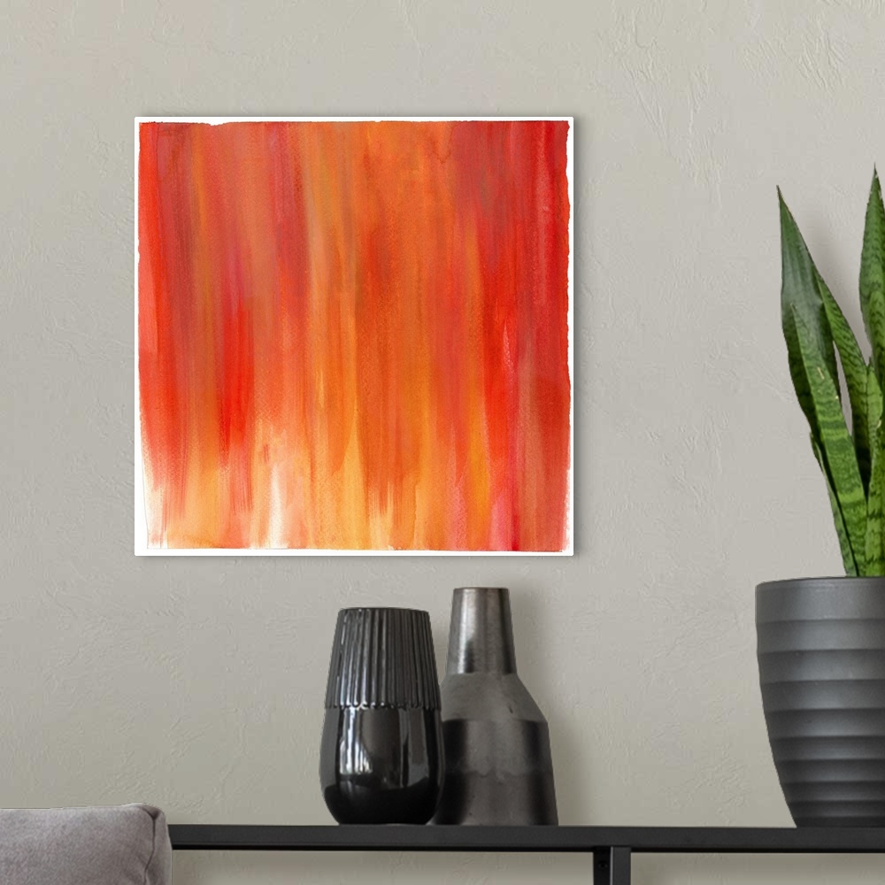 A modern room featuring Contemporary abstract painting using tones of orange and red streaming vertically from the top of...