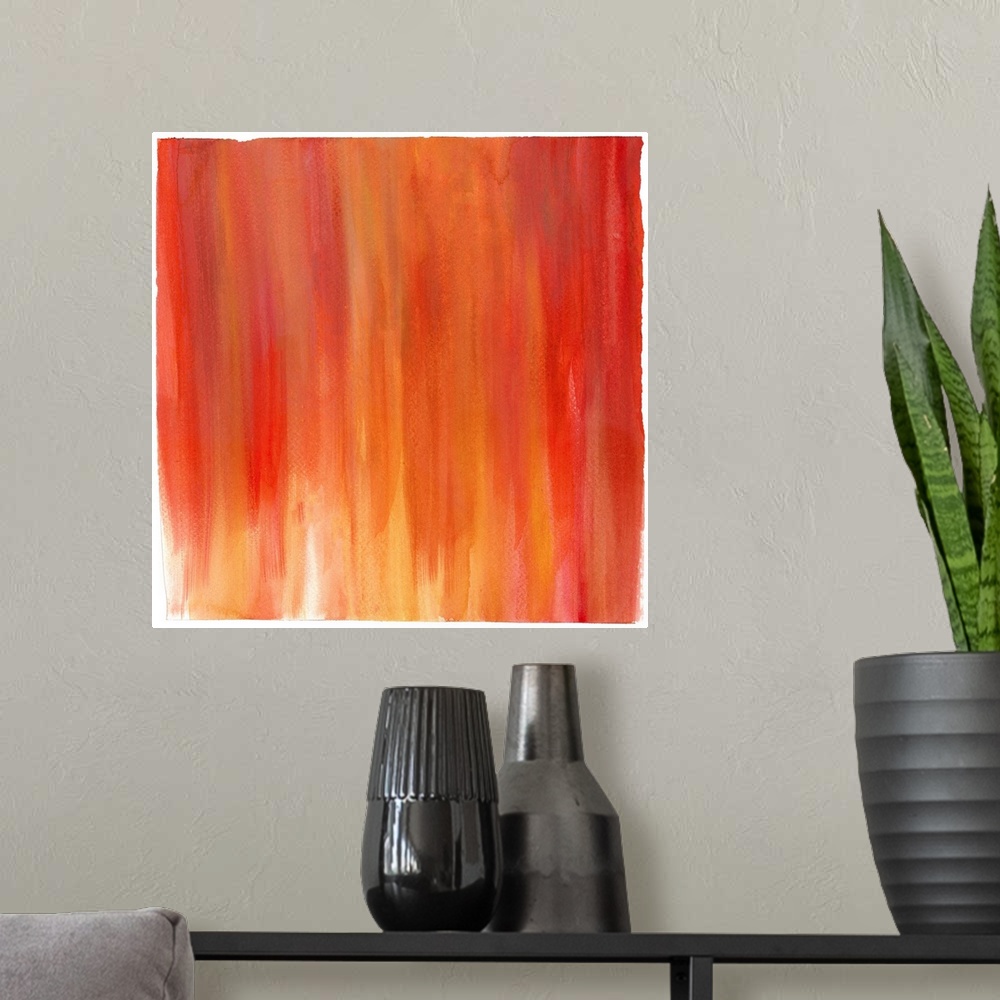 A modern room featuring Contemporary abstract painting using tones of orange and red streaming vertically from the top of...