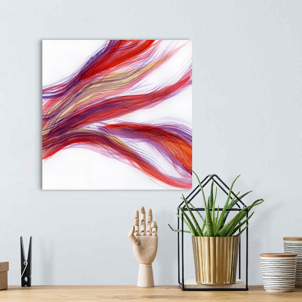 A bohemian room featuring Contemporary abstract painting using tones of purple, red and orange in a flowing movement of sin...