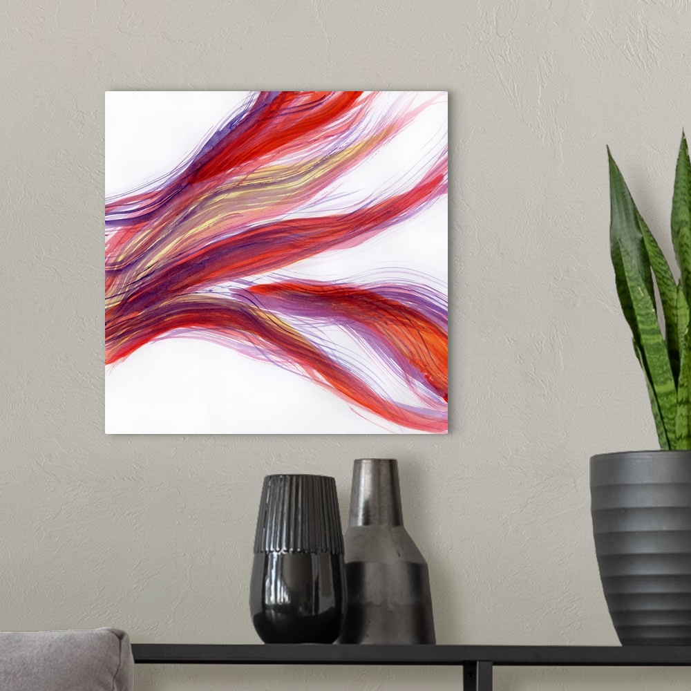 A modern room featuring Contemporary abstract painting using tones of purple, red and orange in a flowing movement of sin...