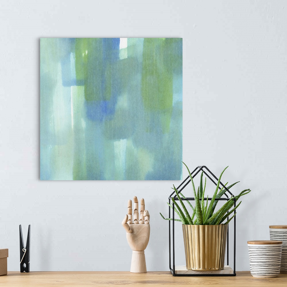 A bohemian room featuring Contemporary abstract painting using vertical wide strokes of turquoise green.
