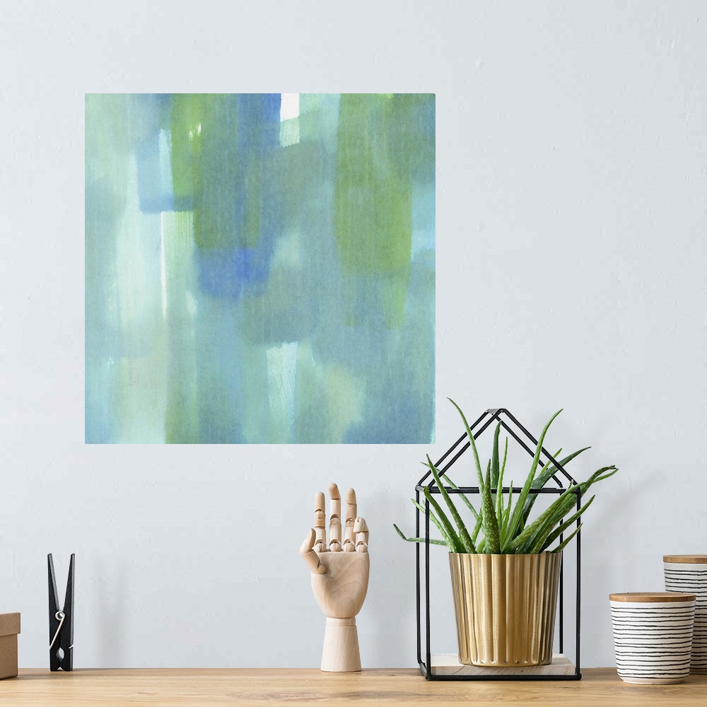 A bohemian room featuring Contemporary abstract painting using vertical wide strokes of turquoise green.