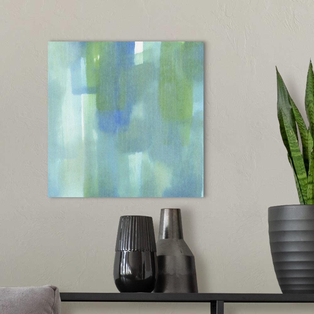 A modern room featuring Contemporary abstract painting using vertical wide strokes of turquoise green.