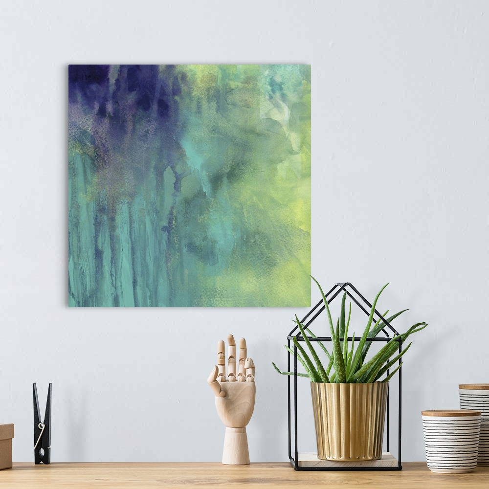 A bohemian room featuring Contemporary abstract painting using tones of green and blue to create a swirling and dripping ef...