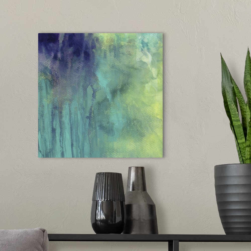 A modern room featuring Contemporary abstract painting using tones of green and blue to create a swirling and dripping ef...