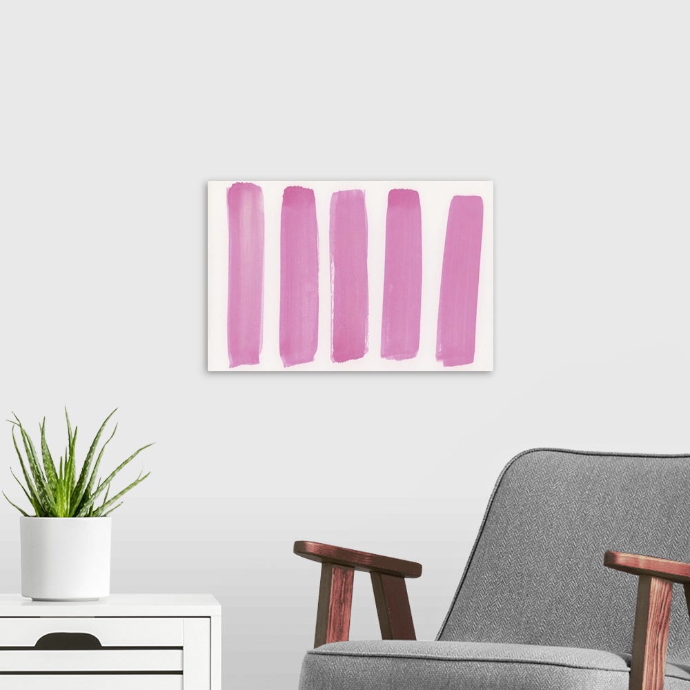 A modern room featuring Contemporary abstract painting of long bright pink vertical strokes against a white background.