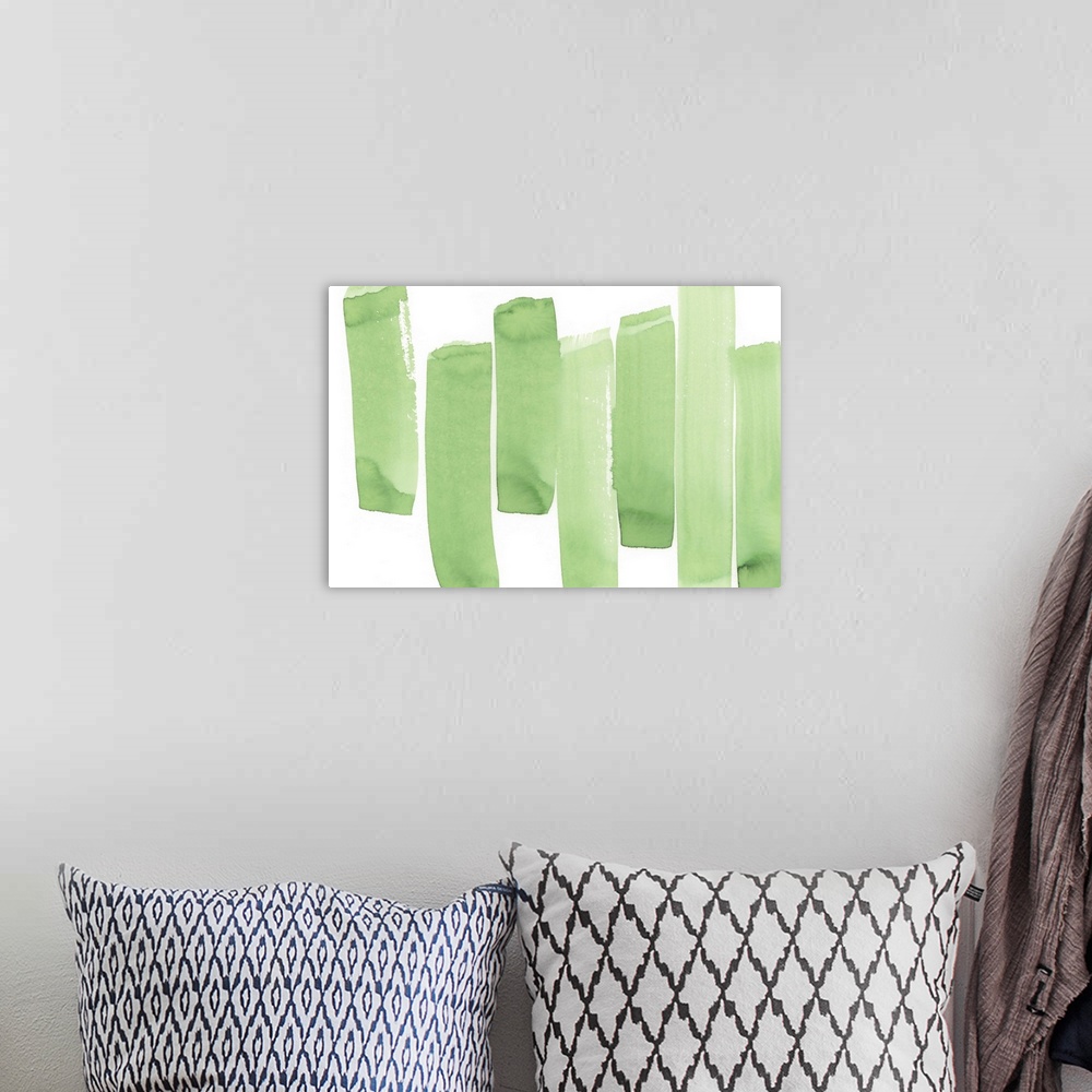 A bohemian room featuring Contemporary abstract painting of long bright green vertical strokes against a white background.