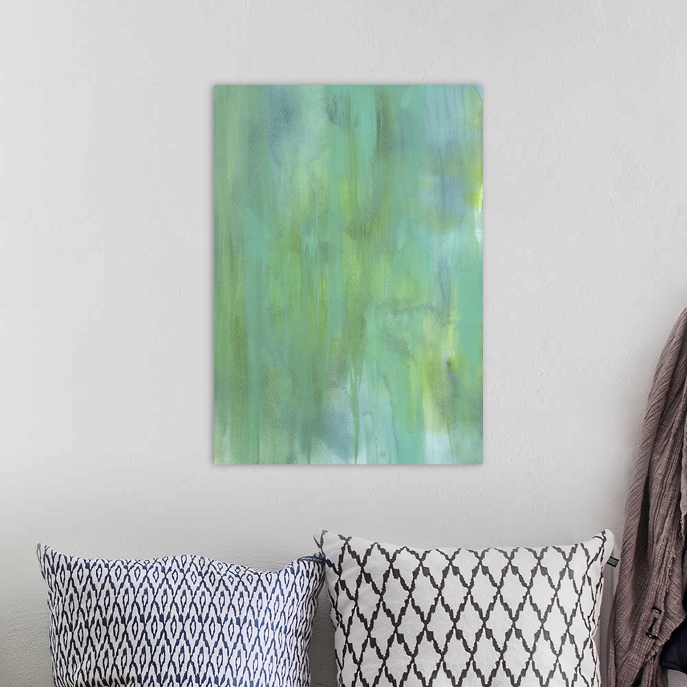 A bohemian room featuring Contemporary abstract painting using tone of green to create an empty space.