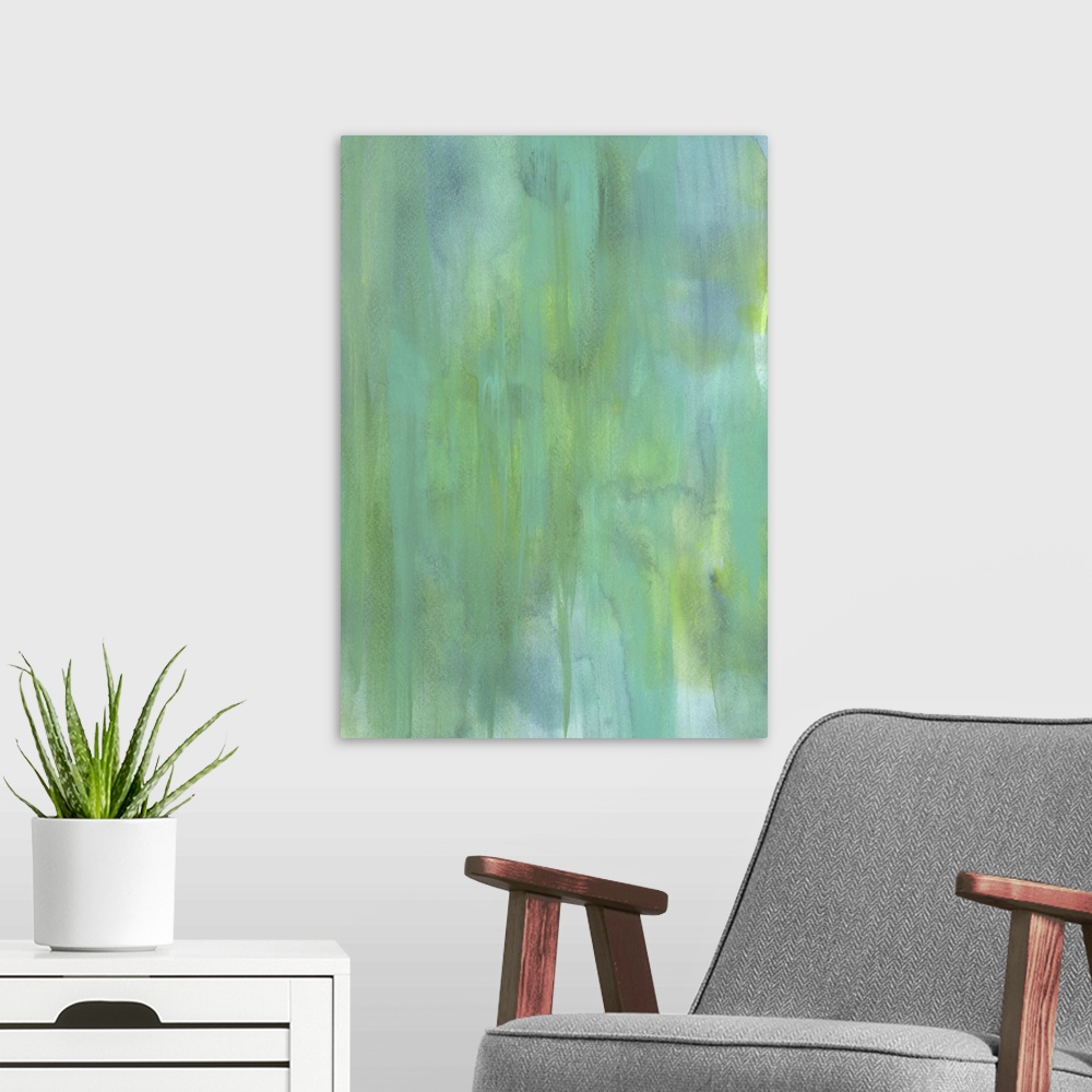 A modern room featuring Contemporary abstract painting using tone of green to create an empty space.
