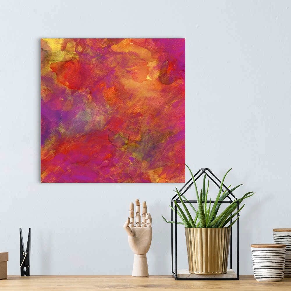 A bohemian room featuring Contemporary abstract painting using vibrant tones of purple orange and pink.