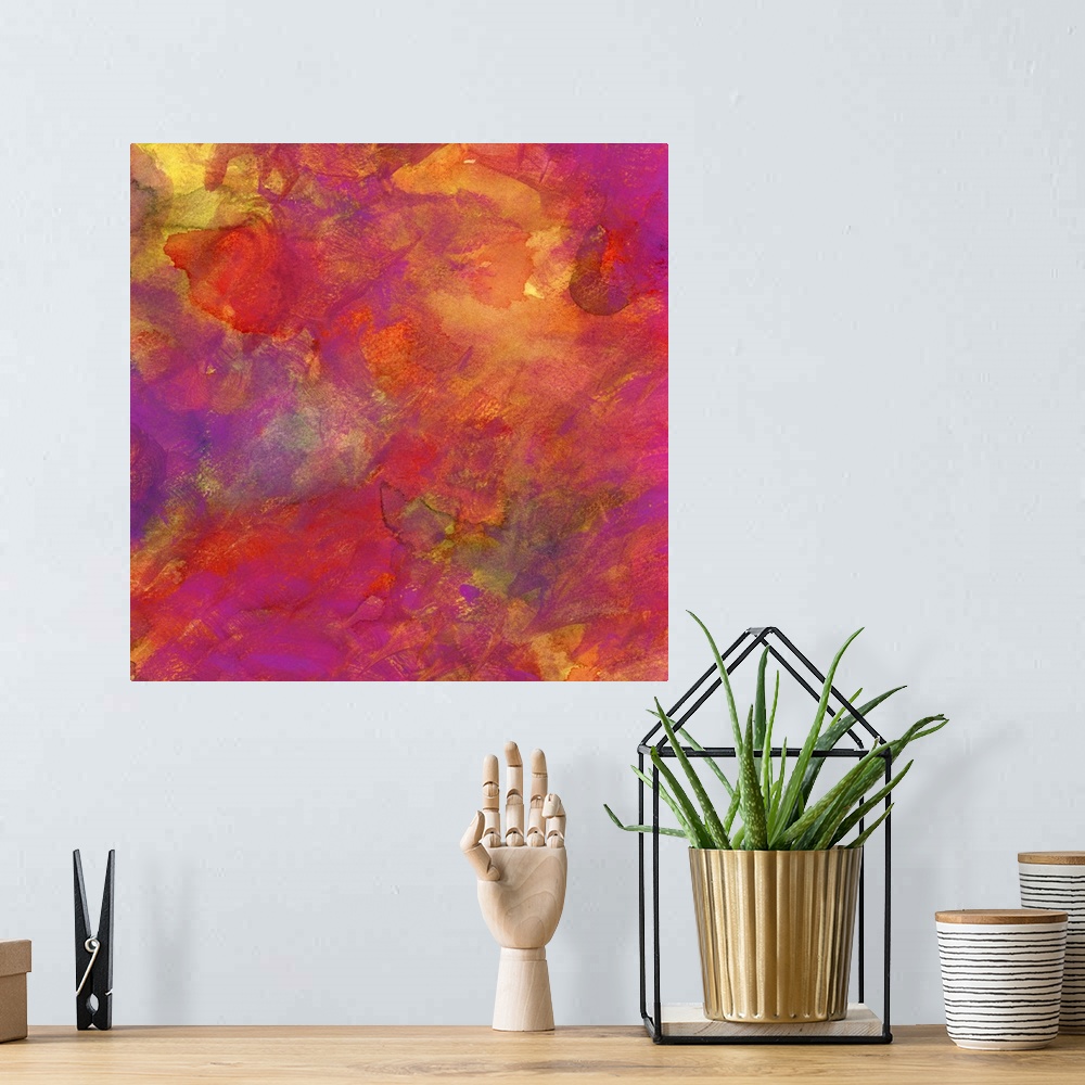 A bohemian room featuring Contemporary abstract painting using vibrant tones of purple orange and pink.