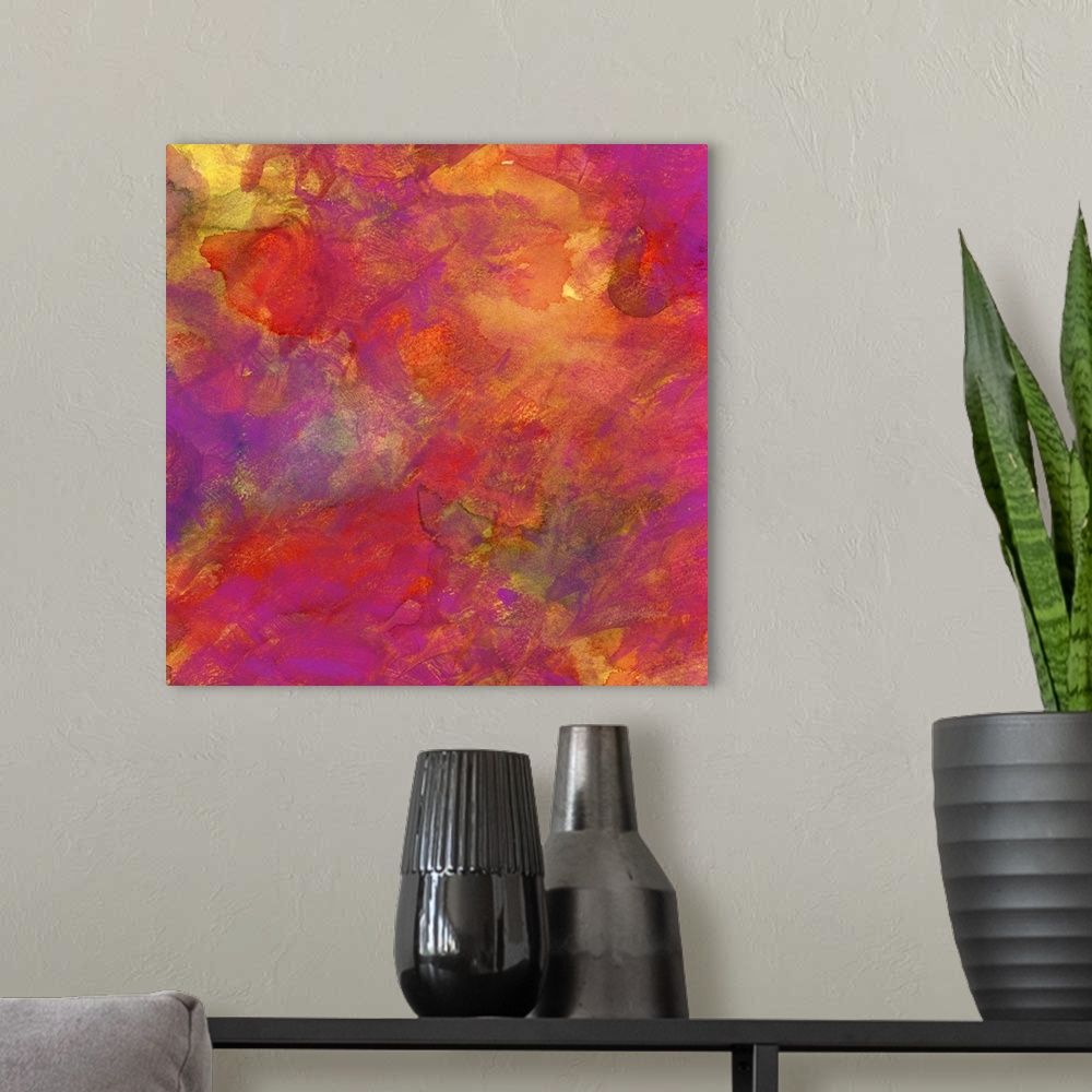 A modern room featuring Contemporary abstract painting using vibrant tones of purple orange and pink.