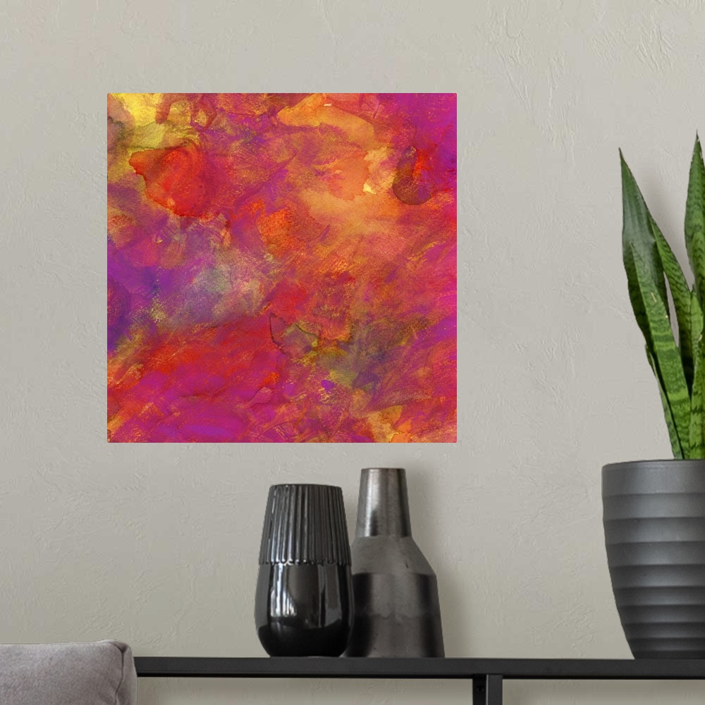 A modern room featuring Contemporary abstract painting using vibrant tones of purple orange and pink.
