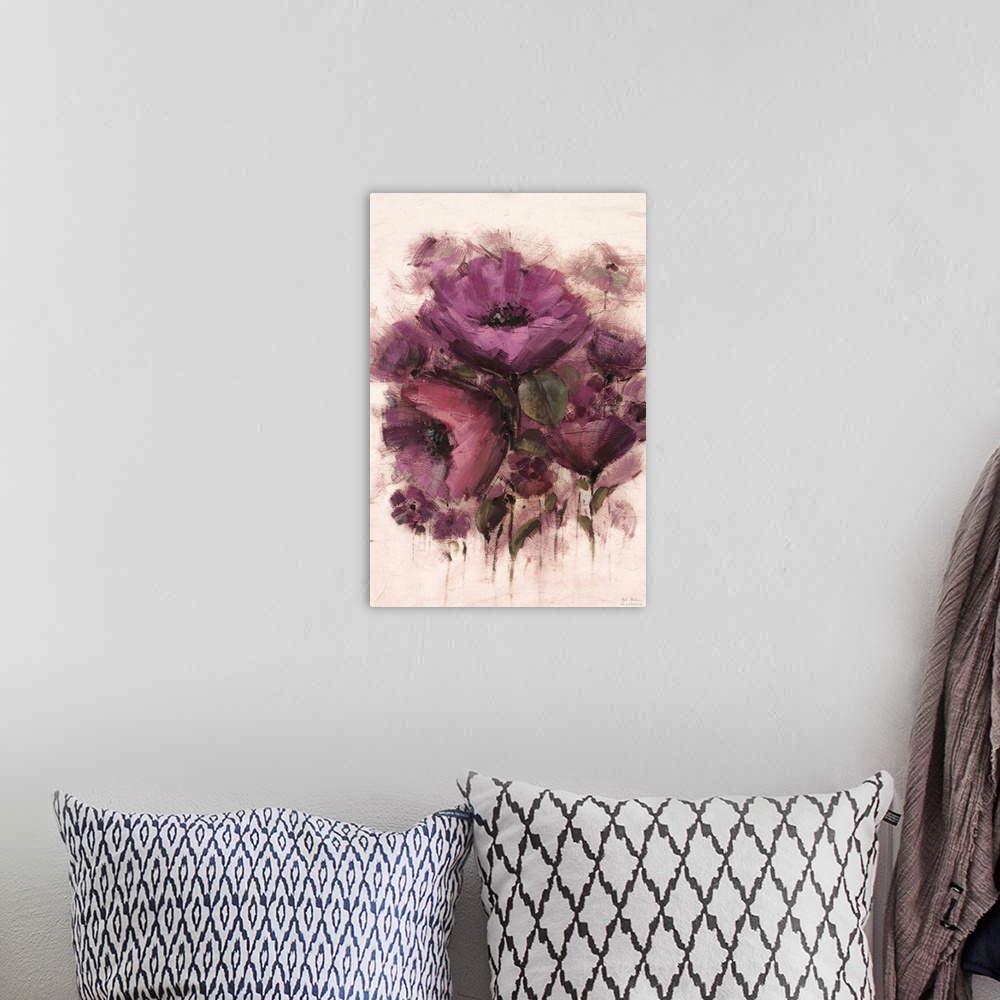 A bohemian room featuring Contemporary artwork of vibrant purple flowers against a cream background.