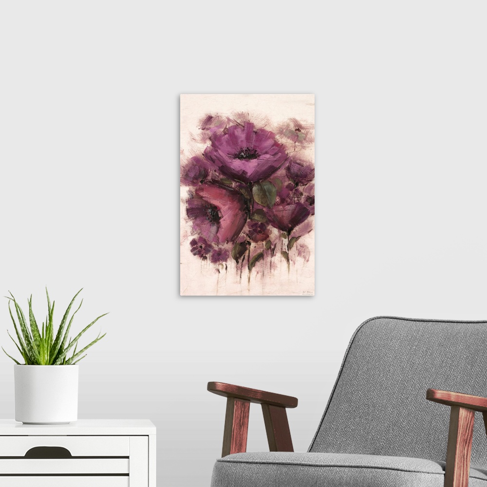 A modern room featuring Contemporary artwork of vibrant purple flowers against a cream background.