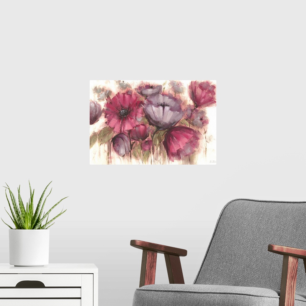 A modern room featuring Contemporary artwork of vibrant purple flowers against a cream background.