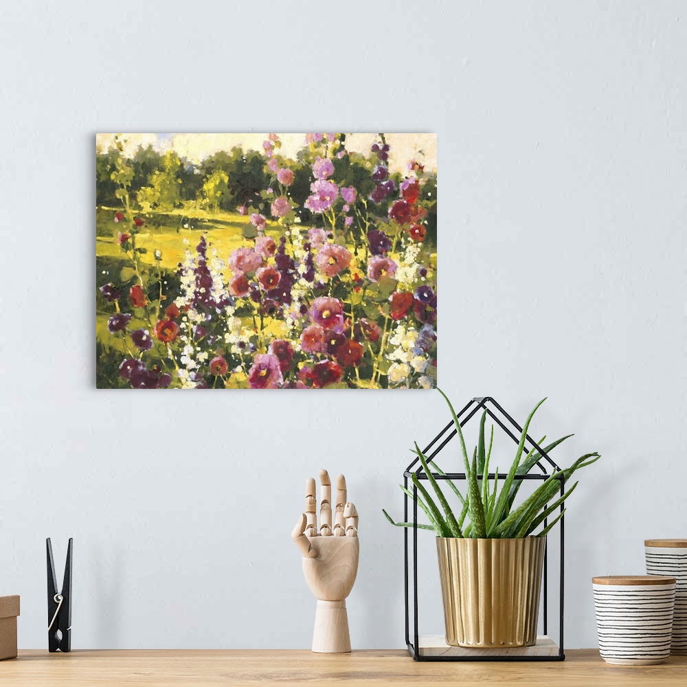 A bohemian room featuring Contemporary painting of a field of wildflowers looking out over a countryside meadow.
