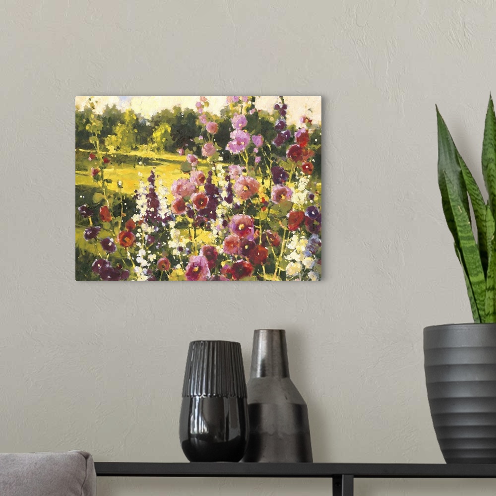 A modern room featuring Contemporary painting of a field of wildflowers looking out over a countryside meadow.