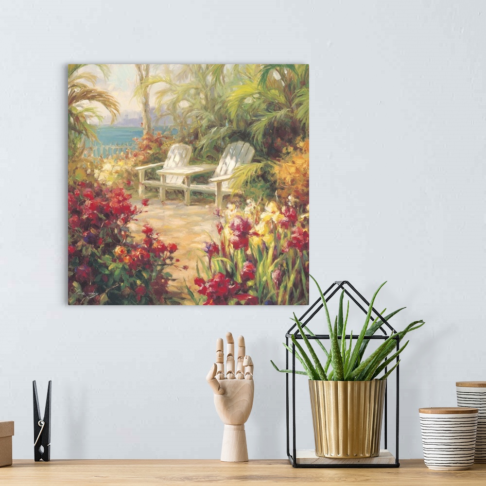 A bohemian room featuring Contemporary painting of a tropical beachside garden with two chairs.