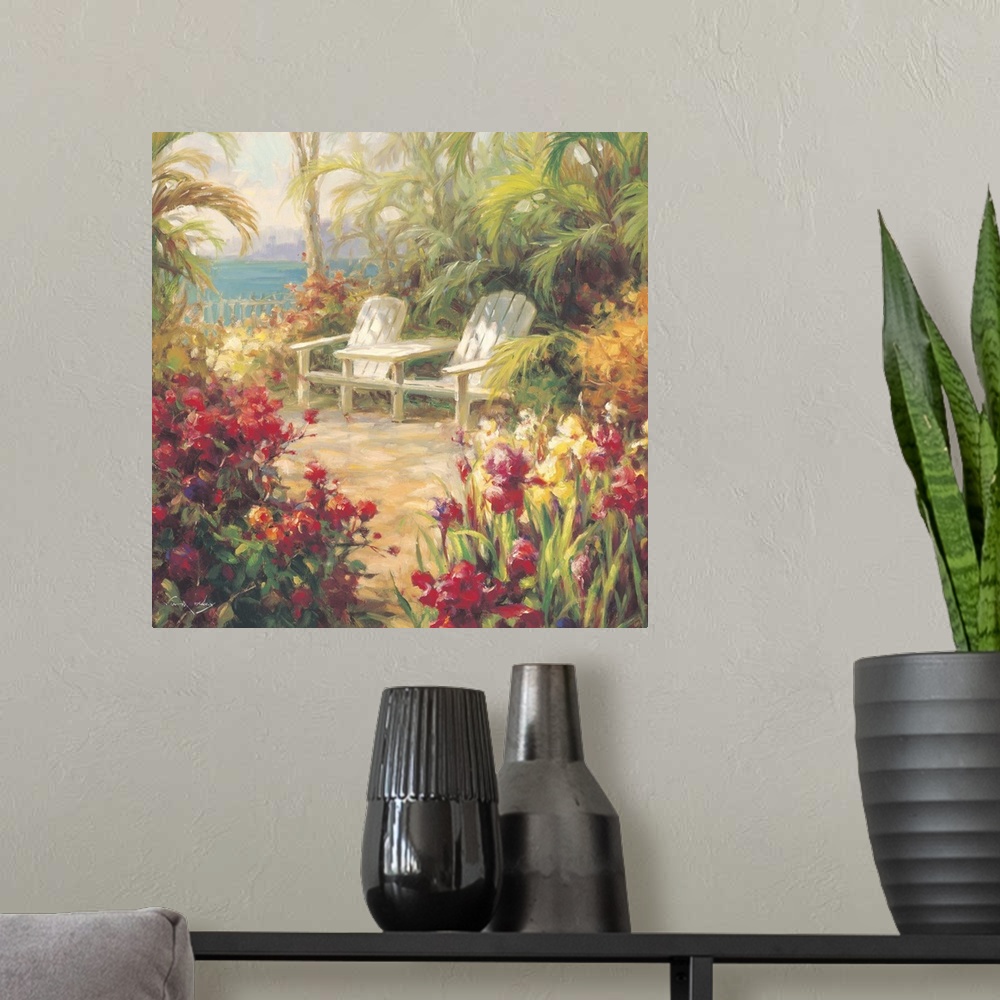 A modern room featuring Contemporary painting of a tropical beachside garden with two chairs.