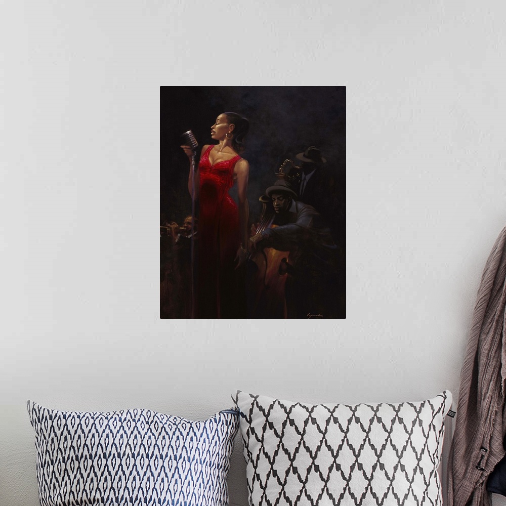 A bohemian room featuring Contemporary painting of woman in a red dress standing at a microphone singing, with a jazz band ...