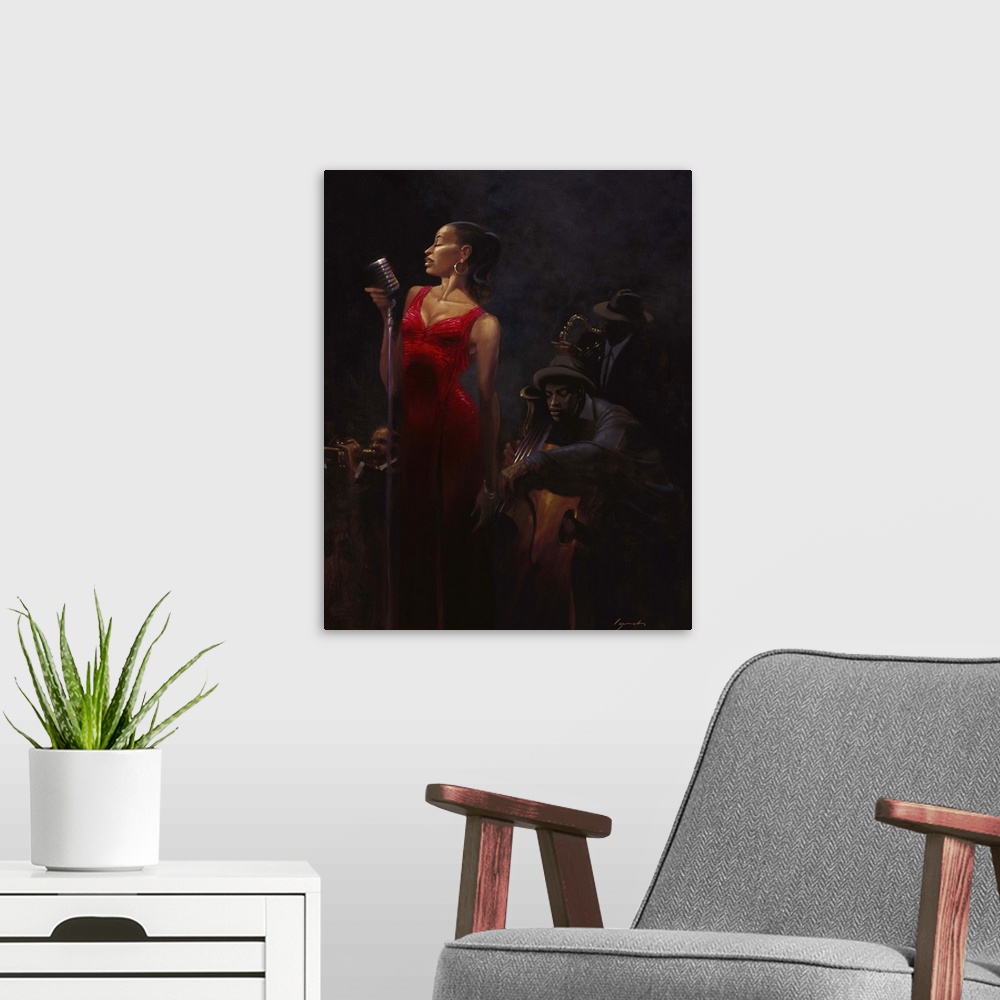 A modern room featuring Contemporary painting of woman in a red dress standing at a microphone singing, with a jazz band ...