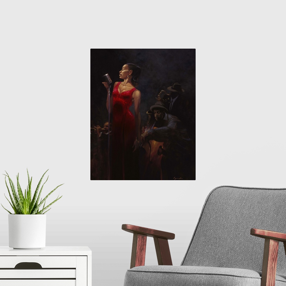 A modern room featuring Contemporary painting of woman in a red dress standing at a microphone singing, with a jazz band ...
