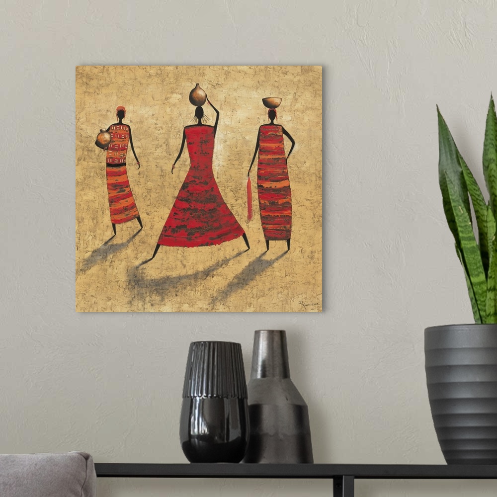 A modern room featuring Contemporary painting of tribal female figures in colorful clothing