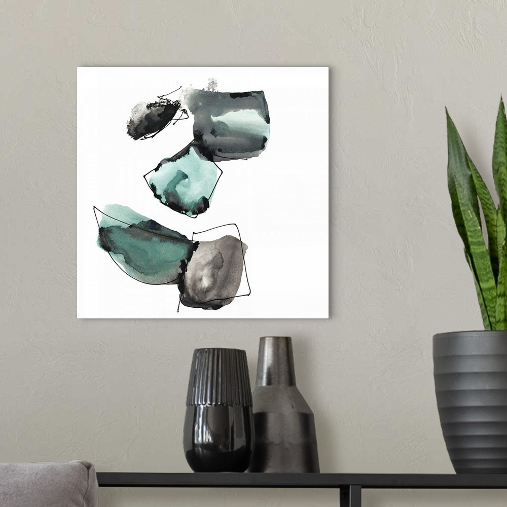 A modern room featuring Abstract artwork in grey and turquoise shapes resembling a collection of gemstones.