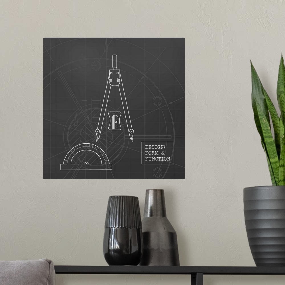 A modern room featuring Illustration of a compass, pencil sharpener, and a protractor in a black and white blueprint styl...
